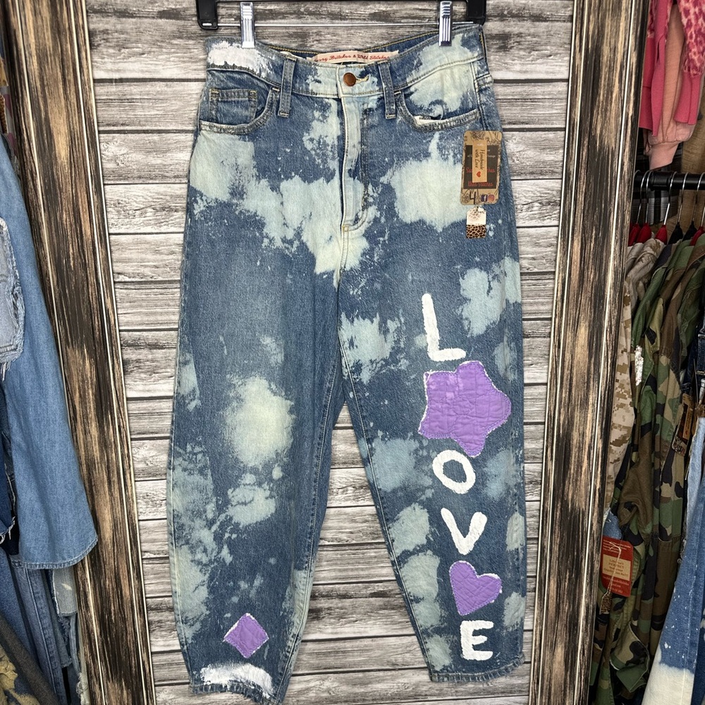 Artisan Handmade UpCycled Denim Balloon Barrel Jeans Vintage Quilt Hand Painted